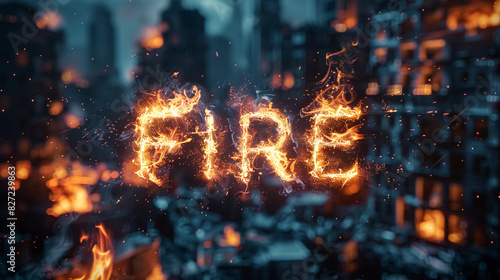 燃える都市と炎でできたFIREの文字