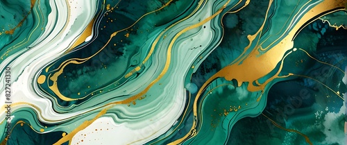 Abstract Marble Wave Acrylic Background. Unique texture of black and emerald green Marble with golden Ripple Pattern.