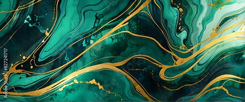 Abstract Marble Wave Acrylic Background. Unique texture of black and emerald green Marble with golden Ripple Pattern.