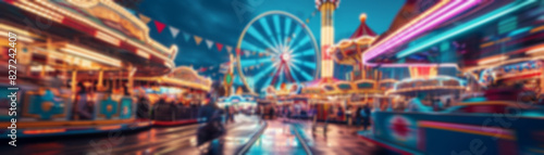Colorful amusement park with vibrant lights, carnival rides, and a lively atmosphere at night, featuring a large Ferris Wheel, blurred background