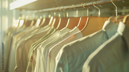 Clean clothes on hangers after dry-cleaning displayed on indoor rack in sunny day