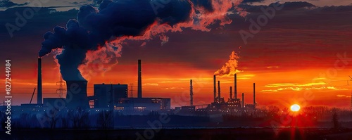 Industrial landscape at sunset showing factory silhouette with smoke stacks and vibrant sky. Environmental impact and industry concept.