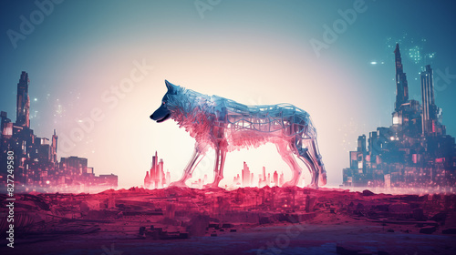 Wolf With A Visible Skeleton Roaming Through A Futuristic Cityscape At Night