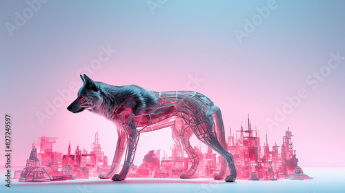 Wolf With A Visible Skeleton Roaming Through A Futuristic Cityscape At Night