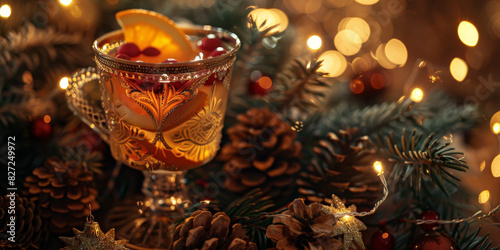 A glass of liquid with a slice of orange in it is on a table with pine cones