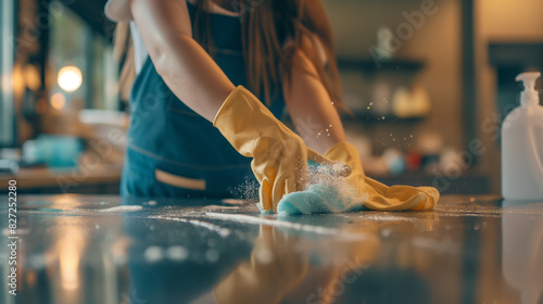 A person cleans counter with yellow glove and rag