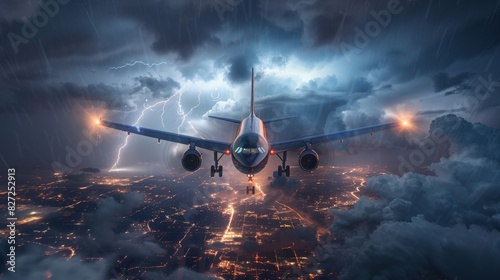 Moody aerial view of a plane flying into a storm at dusk.