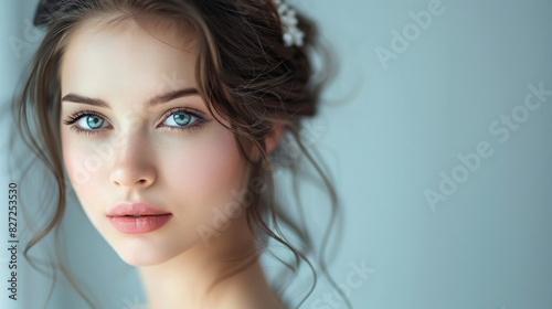 Portrait of a young woman with flawless skin and elegant hairstyle