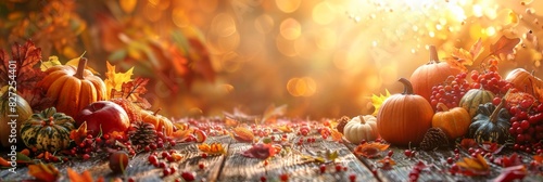holiday table setting, thanksgiving gathering with a bountiful spread on a wooden table, autumnal decor of pumpkins and leaves, radiant bokeh in the sunny backdrop