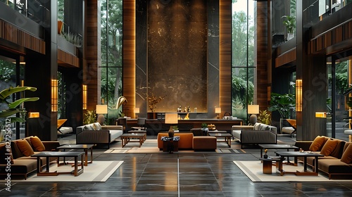 Hotel lobby with a mix of materials like wood, metal, and glass, realistic interior design