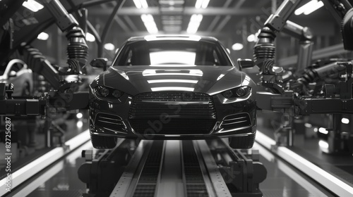 Black and white image of a car on an assembly line in a modern automotive factory with robotic arms working.