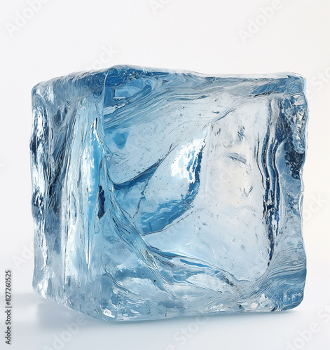 One blue ice cube on a light background