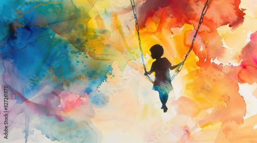 A painting depicting a child joyfully swinging on a swing