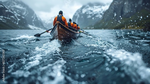 An image of a team rowing a boat in unison, symbolizing synchronized effort in business.