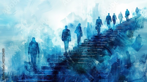 A conceptual artwork of business leaders building a staircase, symbolizing steps to success.