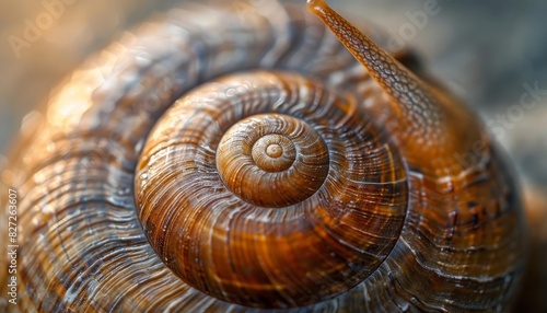 A macro image of a snail shell spiral, highlighting the detailed texture and natural vortex design, knolling