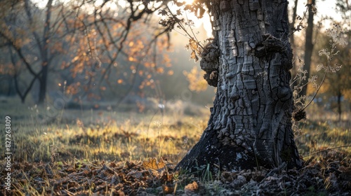 Effect of sunlight on the trunk of a withered oak tree