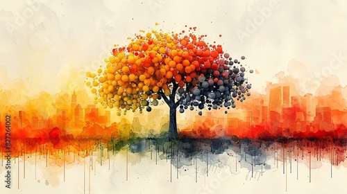 An abstract depiction of a tree with fruits labeled with business goals, symbolizing reaping the rewards of collaboration.