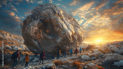 An image of a team pulling a large boulder together, representing overcoming obstacles.