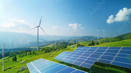 Sustainable Innovation: Solar Panels and Wind Turbines in Green Landscape