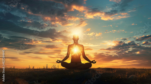 Man meditating at sunset, opening the chakras, practicing in the lotus position