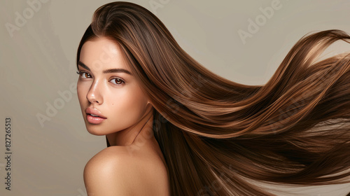 Beautiful girl with long, straight, shiny brown hair thanks to keratin straightening treatments. The treatments help maintain her smooth hairstyle and keep her hair healthy and cared for.