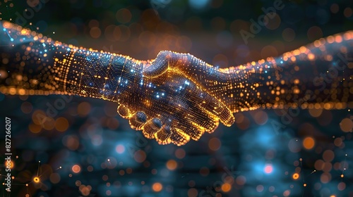 An illustration of a handshake with digital binary code, symbolizing tech collaborations.