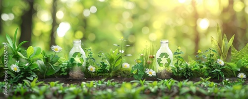 Ecothemed illustrations of plants and recycling symbols, promoting Prioritize Our Planet selective focus, environmental awareness, realistic, Composite, Nature park backdrop