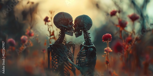 two skeletons lover together hugging and kissing with love and affection, bokeh light background, romantic forever love 