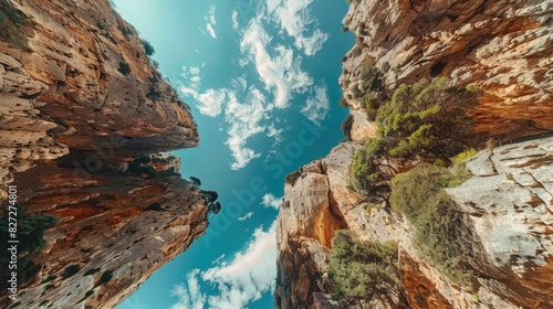 Overhead shot of cliff faces against a blue sky backdrop, offering a unique perspective on natural geological wonders