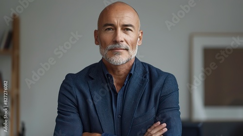 portrait of a cheerful bald businessman a confident guy designer is dressed in a navy blue suit he is opposing you isolated against a white background