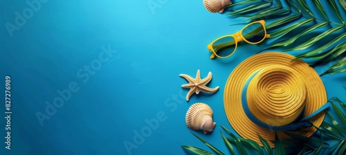Summer blue banner with yellow hat, sunglasses, seashell, and monstera leaf on blue background