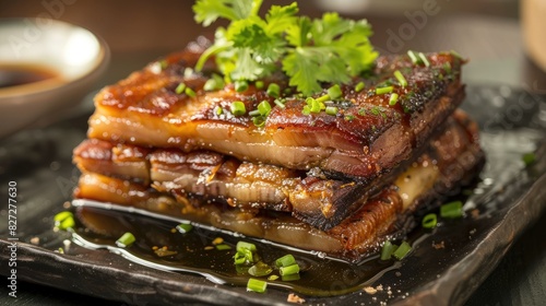 Triple-layered pork belly with crispy skin, tantalizing taste buds with its rich, savory flavors