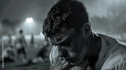 Athlete on a sports field, crying after losing a game, teammates in the background