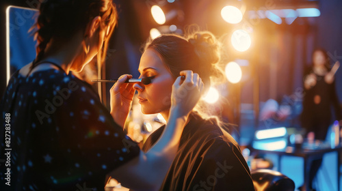 Makeup artist applying eyeshadow to a young woman in a backstage setting with professional lighting and blurred background.