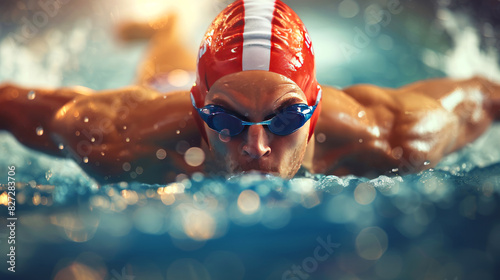 Focused swimmer wearing red cap and blue goggles, performing butterfly stroke in a pool with intense determination and splashing water.