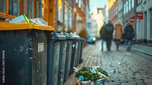 Street scene with overflowing garbage bins and scattered trash on the ground. In the background, people walk along the cobblestone street lined with buildings.