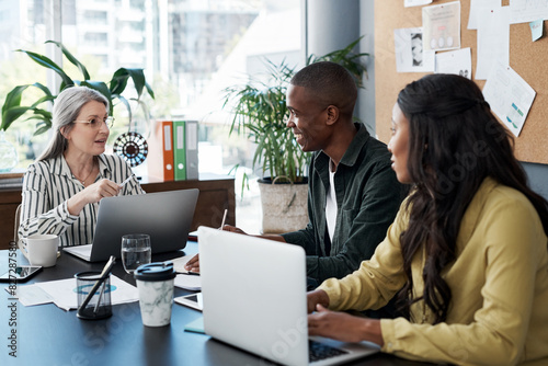 Consulting, financial advisor and laptop with couple in meeting for budget, investment or planning. Computer, portfolio and wealth management with mature finance broker talking to client people