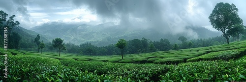 In the tranquil morning fog, rural tea plantations adorn the serene landscape of Asian valleys.