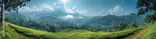 Vast panorama of a green valley framed by majestic mountains, under a sunny sky.