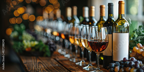 At the winery party, a row of glasses offers a taste of luxury with different wines.