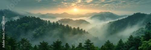 Misty sunrise illuminates idyllic mountain scenery with woodland, panoramic valley, and colorful sky.