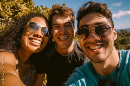 cheerful friends taking selfie on sunny day
