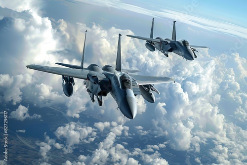 Two military fighter jets soaring through the sky over clouds at high speed in a combat formation