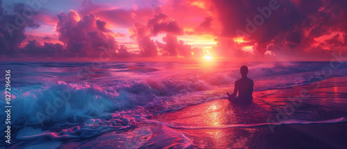 Surreal seascape, waves of vivid colors and psychic energy, meditating figure at the shore, PsychicWaves Themed,