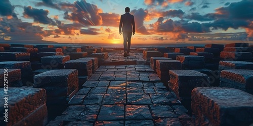 A businessman standing on a stone pier, contemplating the sunrise, symbolizing freedom and relaxation.