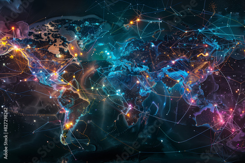 Illuminated by glowing lines and dots, a vibrant world map in the photo represents digital connections spanning across various regions