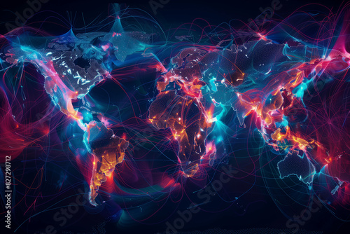 Illuminated by glowing lines and dots, a vibrant world map in the photo represents digital connections spanning across various regions