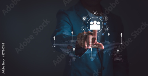 Customer relationship management,CRM Concept ,business network structure ,businessman touch person icon on virtual screen Represents the marketing strategy of organization business