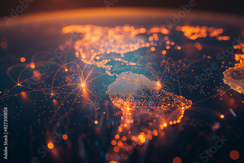 The illuminated world map with glowing lines and dots in the photo showcases the intricate digital connections that bind different regions together, emphasizing global unity